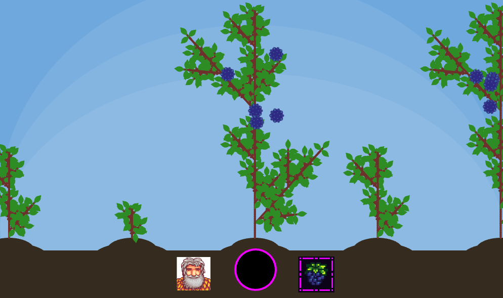 Computer-generated images of green, upright plants grow from 5 mounds. The plants vary in size, and two have several blackberries. Icons at bottom indicate game play.