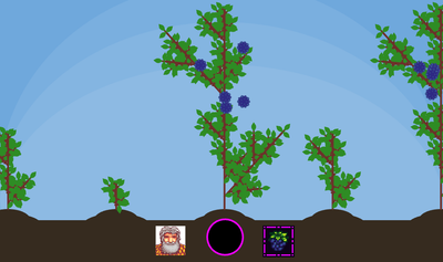 Computer-generated images of green, upright plants grow from 5 mounds. The plants vary in size, and two have several blackberries. Icons at bottom indicate game play.
