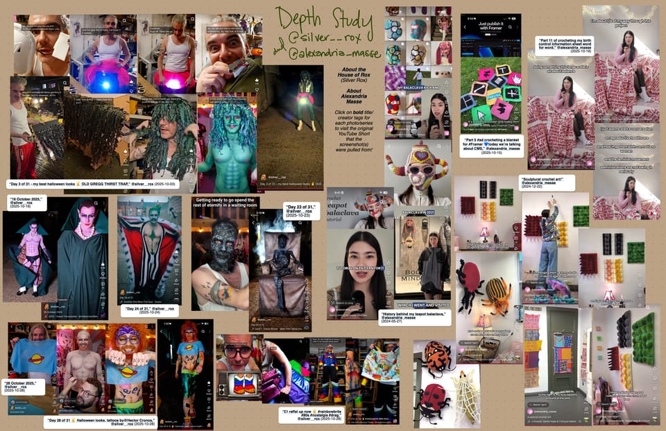 Collage of YouTube Shorts. Left: Silver Rox (Gary Keery) making and modeling drag king costumes. Right: Alexandra Masse crocheting unusual pieces like a teapot balaclava and giant bugs.