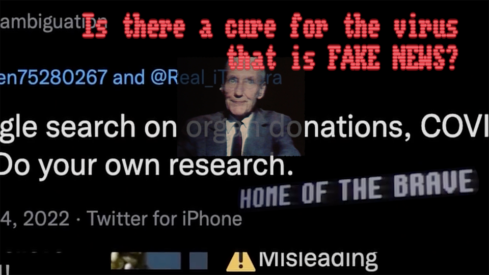On a background of misinfo tweets, William S. Burroughs wears a blue suit and a skeptical look under the headline “Is there a cure for the virus that is fake news?”